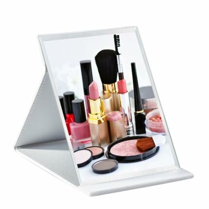 QEEYON Travel Folding Super HD Mirror 26x18cm, Desktop Vanity Mirror Portable Rectangular Makeup Mirror with PU Leather, Shaving Mirror Compact M