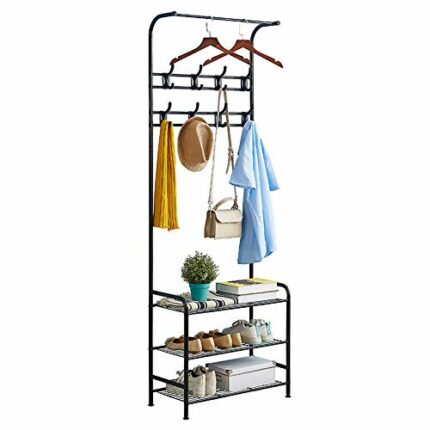 Gunolye Metal Coat Rack Standm,Multi Function Entryway Organiser,Free Standing Clothes Stand with Removable 16 Hooks and 3-Tier Shoe Stand,Ideal