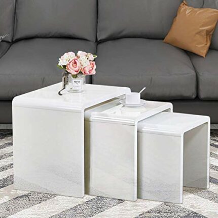 GOLDFAN Nest of 3 Tables High Gloss Coffee Table Set Nesting Sofa Table Multi-functional End Side Table for Living Room, White
