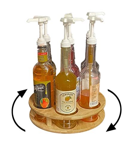 PASAR Bottle Lazy Susan Rotating Bamboo Bottle Holder Wine Rack Organizer for Wine Syrup Sauce 7 Bottle Kitchen Storage Countertop Tabletop for B