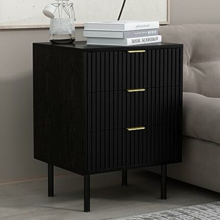 Black Fluted Nightstand, Modern Bedside Tables with 3 Drawers, Wooden End Table Accent Table for Bedroom, Living Room
