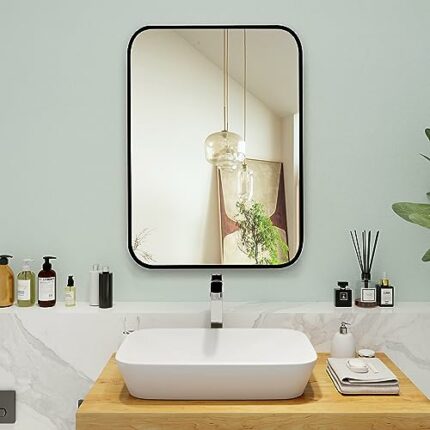 Umzodo 20"x30" Brushed Matte Black Mirror for Wall, Rounded Rectangle Mirror with Metal Frame Deep Set Design Hanging for Bathroom Entryway Vanit