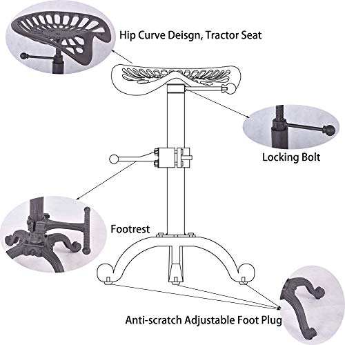 VINTAGELIVING Industrial Bar Stool-Swivel Tractor Seat-Kitchen Dining Counter Chair-Extra Pub Height- Adjustable 24.8-31"-Iron Cast Design