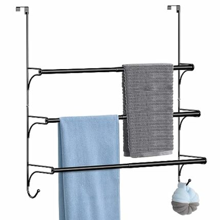 3 Tier Over Door Towel Rail, Adjustable Hanging Towel Rack with 2 Hooks, Bathroom Towel Holder Rails for Towelsor Clothing, Black