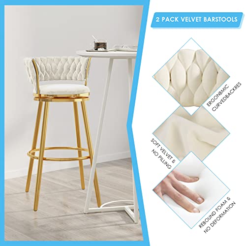 Modern Swivel Bar Stools Set of 2 Countertop Height Bar Stools with Curved Fabric Footrest Luxury Velvet Bar Stools for Home Kitchen Island Stool