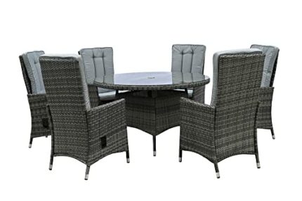 Homeflair High Rise Back Reclinear Chair Round Ding Table Set 6 Seater For Garden Weatherproof Long Lasting Grey