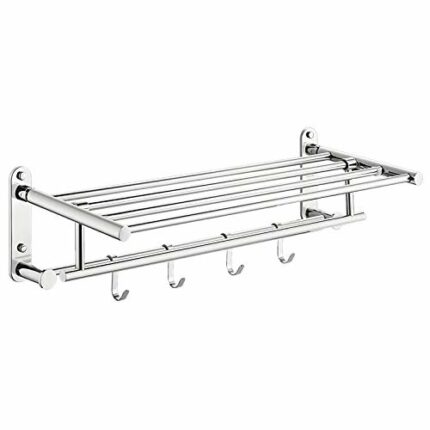 Towel Rack Wall Mounted Bathroom Stainless Steel Double Layer Shelf Flip and Foldable Anti Rust Towel Bar With 4 Hooks for Kitchen Hotel Shower R