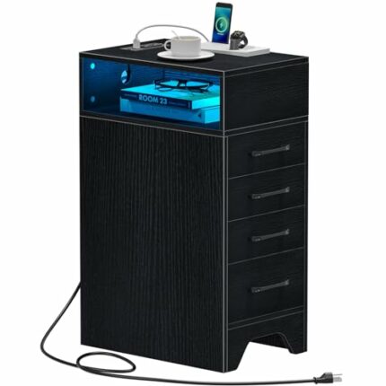Snughome Nightstand with Charging Station and LED Lights, Night Stand with Side Open Storage, Bedside Table with 4 Drawers and Storage Shelves, M
