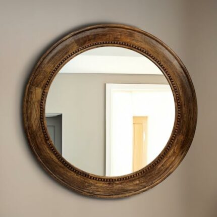Creative Co-Op Round Carved Wood Framed Wall Mirror with Hobnail Detail, Walnut