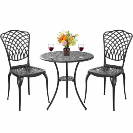 Withniture 3 Piece Bistro Set Outdoor Anti-Rust Outdoor Bistro Set with Umbrella Hole, Cast Alumiunm Bistro Table and Chairs Set for 2, Patio Bis