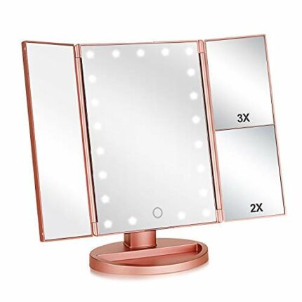 Flymiro Lighted Vanity Makeup Mirror 1x/2x/3x Magnification,Vanity Mirror Tri-fold with 21 LED Lights and Touch Screen,180° Rotation Countertop C