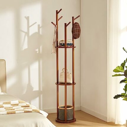SOMEET Rotary Coat Rack, Wooden Coat Rack Freestanding with 3 Storage Shelves and 6 Hooks, Coat Tree with 2 Tiers Display Shelf and A Basket for
