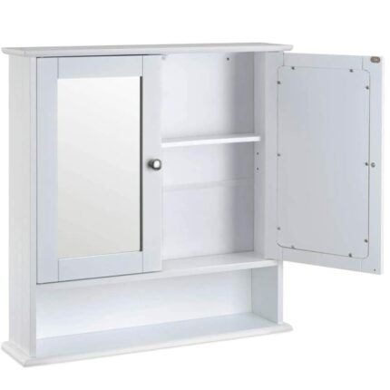 Bathroom Cabinet Mirrored With Double Doors, Organiser Wall Mounted, With Adjustable Shelves, Modern Storage Cupboard Furniture, White (58 * 56 *