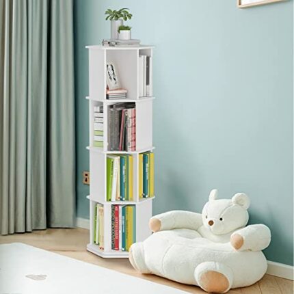 tonchean 360° Rotating Bookshelf Bookcase White Hexagonal Bookshelf Children's 4-tier Bookcase Tall Bookcase Floor Standing Corner Book Shelf Sto