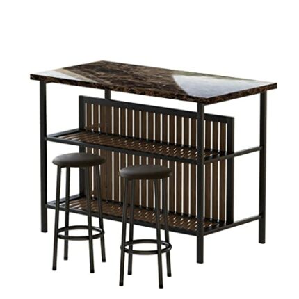 DINGZZ 3 Piece Kitchen Island Set with 2 Stools and 2 Shelves Faux Marble Dining Table Set