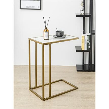 Gold Marble C Shaped Table, Rectangle End Side Table Slide Under Couch for Sofa Laptop Living Room Bedroom Small Space