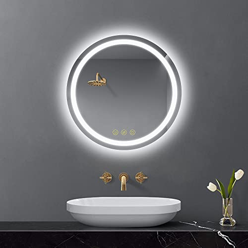 ICYWANG Round Bathroom Mirror with Led Light 400mm lluminated Wall Mounted Vanity Mirror with Demister, 3 Colors Temperature,Touch Switch, Dimmab