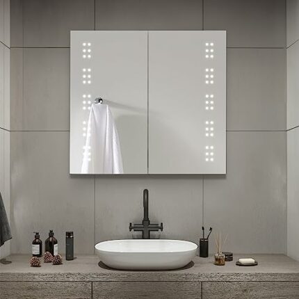 Warmiehomy Bathroom Mirror Cabinet With LED Lights Bathroom Cabinet with Shaver Socket Double Door and Shelf Operated by Motion Sensor Switch 650