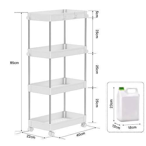 Meerveil Storage Trolley, 4-Tier Storage Rack with Wheels, Multifunctional Suitable for Office Kitchen Bathroom, W22 x D40 x H85cm, White