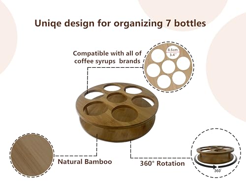 PASAR Bottle Lazy Susan Rotating Bamboo Bottle Holder Wine Rack Organizer for Wine Syrup Sauce 7 Bottle Kitchen Storage Countertop Tabletop for B