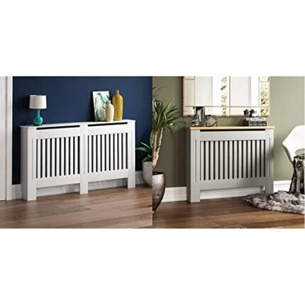 Vida Designs Chelsea Radiator Cover Modern Slatted Grill Slats White Painted MDF Cabinet, Large & Arlington Radiator Cover Grey Modern Painted MD
