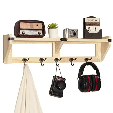 LAVIEVERT Coat Rack with Shelf, Solid Wood Wall Mount Coat Hooks, 26" Hanging Entryway Shelf with 5 Metal Dual Hooks for Living Room, Bedroom, Ki