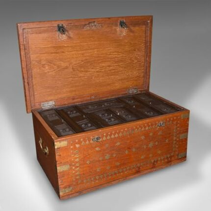 Vintage Campaign Chest, Anglo Indian, Teak, Brass, Inlay, Coffee Table, Art Deco