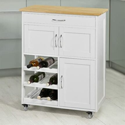 UXZDX Kitchen Storage Serving Trolley Cart with Rubber Wood Worktop Storage Cabinet