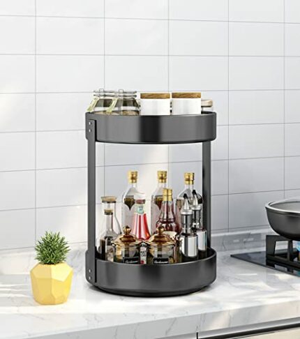 Amtang 3-Tier Spice Rack 360° Rotating Condiment Holder Storage, Steel Seasoning Organizer Kitchen Countertop Organiser (26cm 2-Tie)