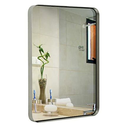 Hamilton Hills Contemporary Brushed Metal Wall Mirror Glass Panel Framed Rounded Corner Deep Set Design Mirrored Rectangle Hangs Horizontal Or Ve