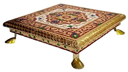 Purpledip Wooden Meenakari Chowki: Stool Stand For Home Temple, 7.5 Inches (10453A)
