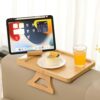 GEHE Bamboo Couch Arm Table, Foldable Sofa Arm Tray with 360° Rotatable Phone Holder, Armrest Tray for Small Space, Couch Clip on Tray, Remote Co