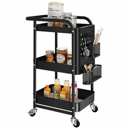 Dripex Storage Trolley on Wheels, 3-tire Metal Kitchen Storage Utility Cart with 1 Removable Pegboards, 2 Baskets, 4 Hooks, Rolling Storage Troll