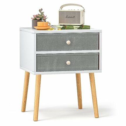 LIONONLY Nightstand with Fabric Drawer,Minimalist and Practical End Side Table Fashion Bedroom Furnitur,White.