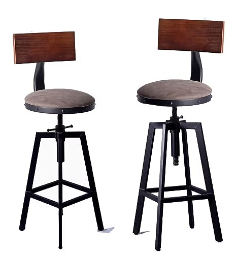 Diwhy Industrial Bar Stool PU Seat Metal Bar Stool,Adjustable Height Swivel Counter Height Bar Chair with Backrest,Black,Fully Welded Set of 2