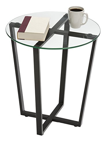Mango Steam Round Metro Glass End Table/Side Table/for Living Room & Dining Room - Clear Top/Black Base