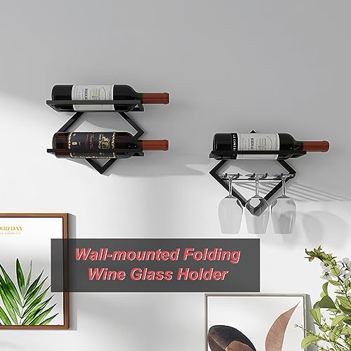 WOPPLXY 2 Pcs Wall Mounted Metal Wine Rack, Upgrade Foldable Metal Hanging Wall Wine Rack Organizer, Red Wine Bottle Display Hanger with Screws f