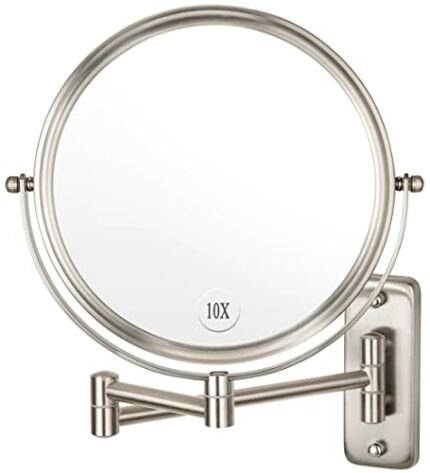 Wall Mounted Makeup Mirror - 10x Magnification 8'' Two-Sided Swivel Extendable Bathroom Mirror Nickel Finish ALHAKIN