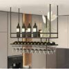 EMISOO Ceiling Mount Shelf Hanging Wine Rack with Glass Holder and Shelf, Adjustable Height Metal Ceiling Bar Wine Glass Rack, 2 Layer Industrial