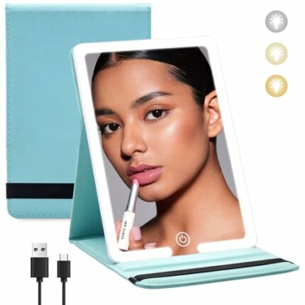 Jadazror Lighted Travel Makeup Mirror, PU Leather Folding Travel Mirror Compact Vanity Mirror with Lights, Portable Makeup Mirror with 3 Lighting
