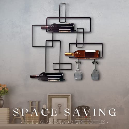 HomeZone Vintage wine holder for 3 Bottle and 2 Glasses Home Bar Shelves Wall Mounted Wine Rack Wine Bottle and Glass Holder Retro Wine Storage R