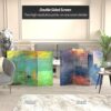 Red Lantern 3 ft. Short Double Sided Works of Monet Canvas Folding Screen Impression Sunrise/Houses of Parliament 3 Panel Freestanding Partition