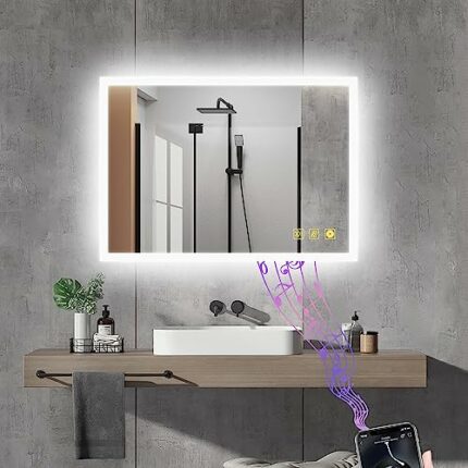 AI-LIGHTING Bathroom LED Vanity Mirror with Shaver Socket, Bluetooth Speaker, 3 Color LED Lights, Touch Switch, Demister Pad Waterproof IP54 50x7