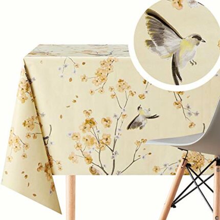 Floral Beige Wipe Clean Tablecloth with Birds - Rectangular 300x140 cm | 118x55in 10 Seats, Waterproof Vinyl Thick PVC Wax Wipeable Smooth Plasti