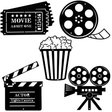 5 Pieces Movie Theater Decor Home Movie Theater Room Decor Cinema and Popcorn Wall Art Metal Movie Reel Wall Sign Home Theater Action Sign Cinema