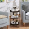 YEAKOO Industrial Nordic End Table, 3-Tier Round Side Table with Storage Shelf Edge Protection Tray, Sturdy Metal Frame Coffee Table Bedside Tabl