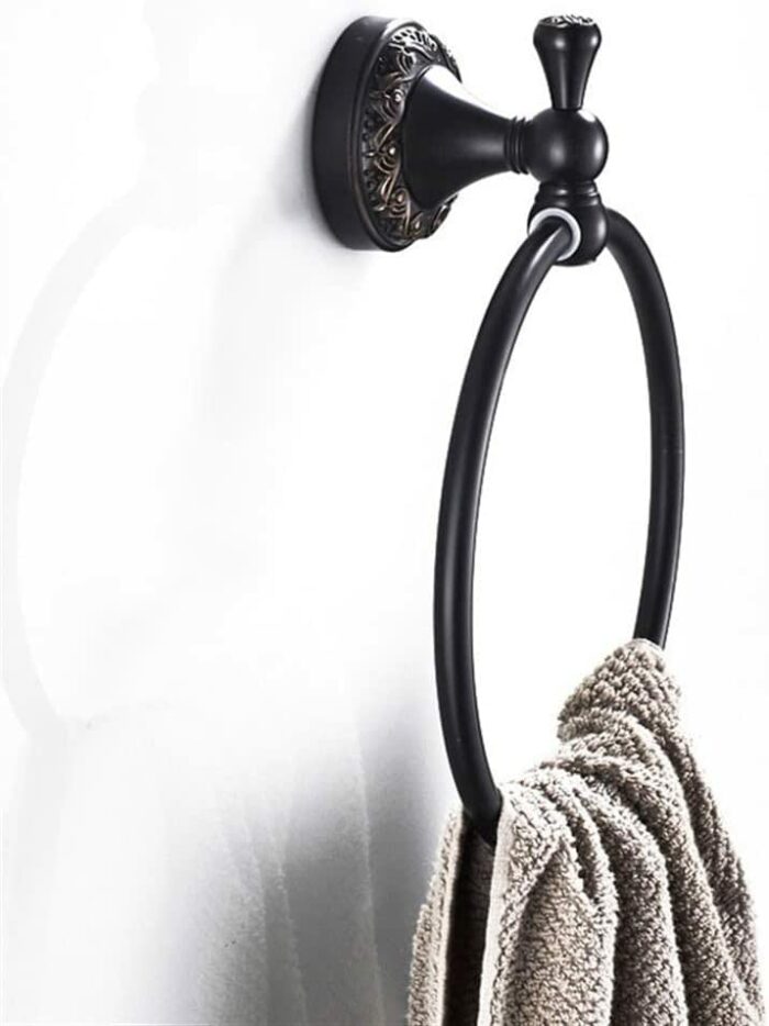 RAKUTE Anit-Rust Bathroom Towel Holder, Solid Copper Wall-Mounted Round Black Towel Ring,Classic Towel Rack with Flower Carved Bathroom Ring