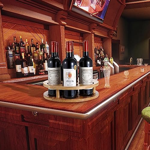 BSTKEY Rotating Syrup Bottle Holder Organizer, Vintage Wooden Coffee Syrup Rack Syrup Stand for Coffee Bar, 7 Bottles Countertop Freestanding Win