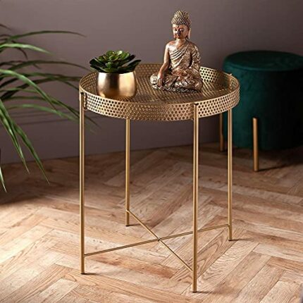 IFJA round table, golden metal coffee table with removable top tray and used as bedside table, easy assemble side table for snack, home décor & c