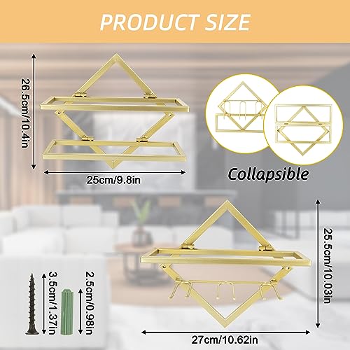 EATHEATY 2 Pack Metal Wall Mounted Wine Holder, Foldable Gold Hanging Wall Wine Rack Storage with Stem Glass Holders, Red Wine Bottle Display Han